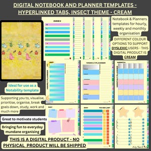 Pode incluir: Modelos digitais de cadernos e planejadores com tema de insetos. Os modelos creme incluem guias com hiperlinks para organização horária, semanal e mensal. Diferentes opções de cores estão disponíveis para usuários com dislexia. Produto digital.