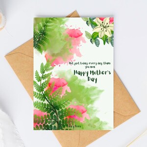 Carte imprimable pour la fête des Mères | Aquarelle végétale verte et rose | Téléchargement instantané | Carte 5 x 7