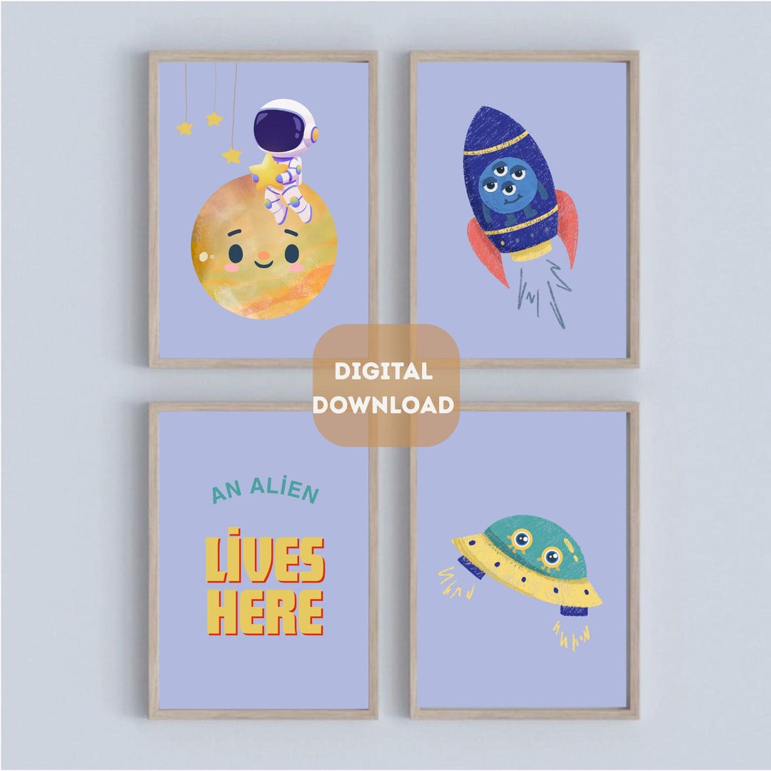 Space Nursery Wall Art Set of 4, Astronaut & Alien Kids Room Decor, Boy ...