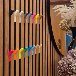 Könnte beinhalten: Ein Wandpaneel aus vertikalen, hellbraunen Holzleisten mit zwei Reihen kleiner, bunter Haken. Die obere Reihe enthält schwarze, weiße, graue, blaue, rosa, gelbe und braune Haken. Die untere Reihe zeigt rosa, orange, gelbe, grüne, blaue und beige Haken.