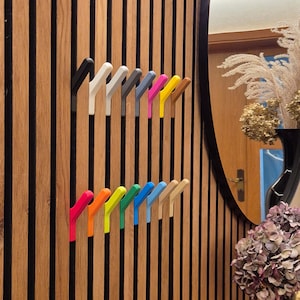 Könnte beinhalten: Eine Sammlung von Wandhaken in verschiedenen Unifarben, darunter Schwarz, Weiß, Grau, Blau, Pink, Gelb, Braun, Orange, Grün und Beige, angeordnet in zwei horizontalen Reihen auf einer Wandverkleidung aus vertikalen Holzlatten.