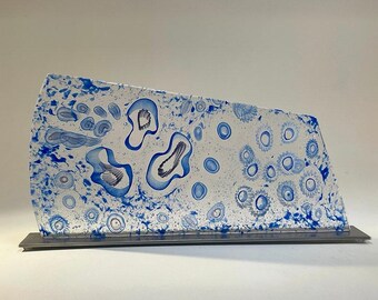 Art Glass Table Sculpture "Ebb and Flow"  – Handmade Blue & Clear Fused Glass with Organic Detail – Coastal Ocean-Inspired Decor, 20” Wide