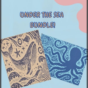May include: Two square decorative items with sea creature designs. One features a whale, starfish, and waves in navy blue on a tan background. The other has a blue octopus design. The text "UNDER THE SEA BUNDLE!" is at the top.