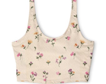 Sujetador deportivo con estampado de flores silvestres en acuarela | Top corto floral, estampado de flores beige