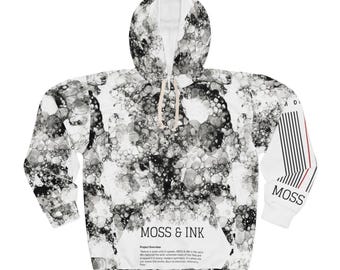 Sudadera con capucha con estampado de burbujas de tinta y musgo | Sudadera abstracta en blanco y negro