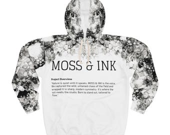 Moss and Ink Typography Hoodie, Black Ink Bubble All Over Print Sweatshirt, Minimalist Graphic Streetwear, Alt Aesthetic Hooded Top