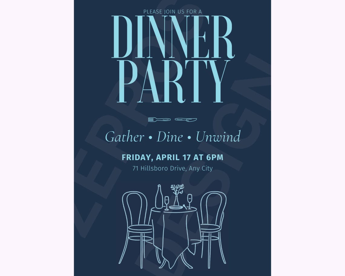 Round Table Invite Example Modern Blue Dinner Party Invitation Template | Editable Canva Template ...