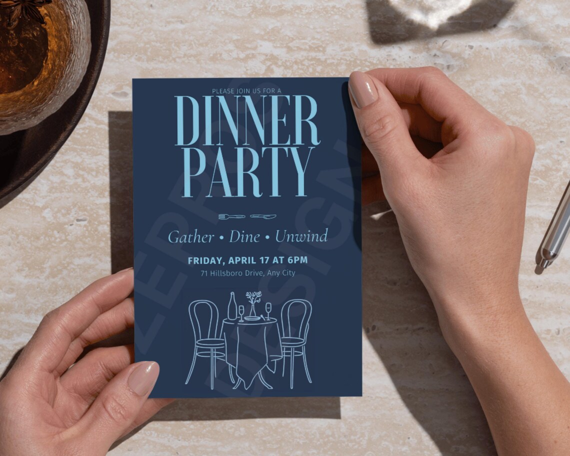 Round Table Invite Example Modern Blue Dinner Party Invitation Template | Editable Canva Template ...