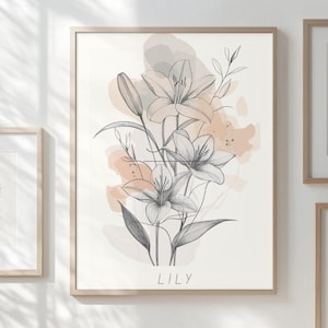 Dessin de fleur au trait - impression murale de lys - art botanique moderne - affiche florale neutre - oeuvre d'art abstraite - décoration minimaliste - impression de salon
