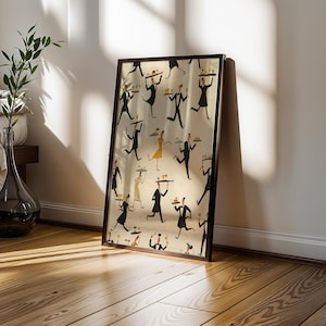 May include: A framed art print featuring a repeating pattern of stylized waiters carrying trays. The figures are in black, with some wearing yellow or cream-colored outfits. The artwork has a vintage, mid-century modern aesthetic.