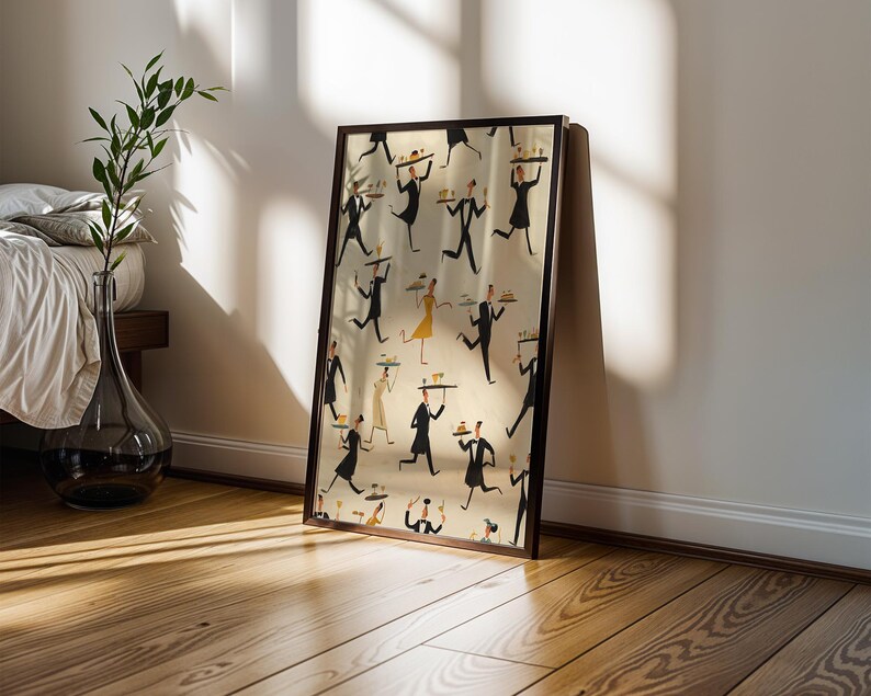 May include: A framed art print featuring a repeating pattern of stylized waiters carrying trays. The figures are in black, with some wearing yellow or cream-colored outfits. The artwork has a vintage, mid-century modern aesthetic.
