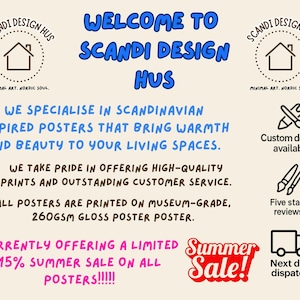 May include: A cream-colored poster with the text "WELCOME TO SCANDI DESIGN HUS" in blue. The poster advertises Scandinavian-inspired posters, a summer sale, and custom designs. It also mentions high-quality prints and five-star reviews.