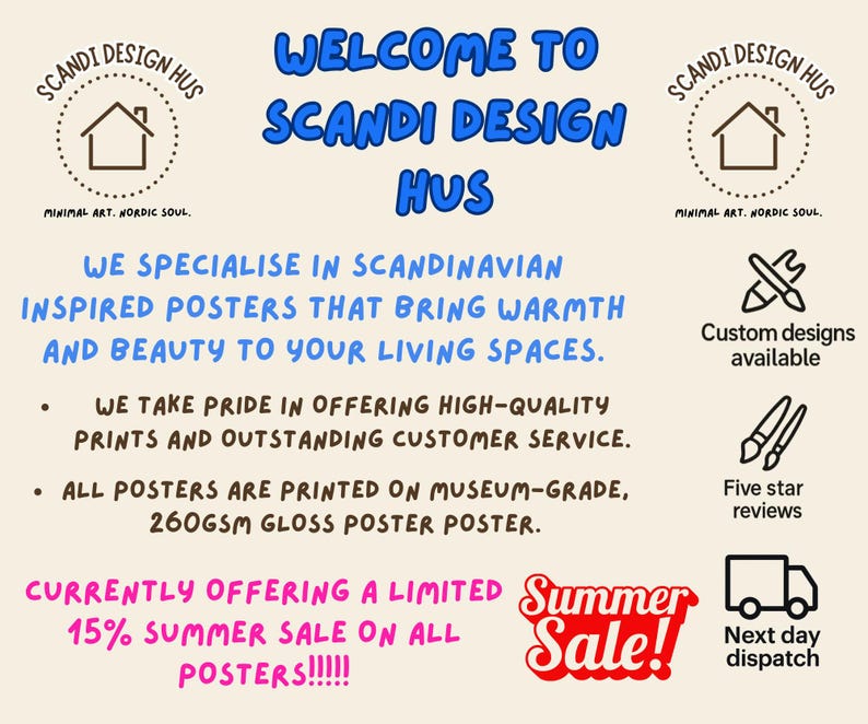 May include: A cream-colored poster with the text "WELCOME TO SCANDI DESIGN HUS" in blue. The poster advertises Scandinavian-inspired posters, a summer sale, and custom designs. It also mentions high-quality prints and five-star reviews.
