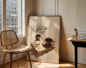 Book and Coffee Art Print: Minimalist Reading Corner Decor