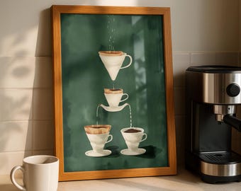 May include: A framed print depicting the coffee brewing process. The artwork shows a series of white cups and a filter, with water pouring through, set against a green background. A white mug sits on the counter in front of the print.