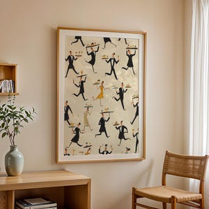 May include: A framed art print featuring a repeating pattern of stylized figures in black suits and dresses carrying trays. The artwork has a light background and is framed in a light wood. The print is displayed on a beige wall.