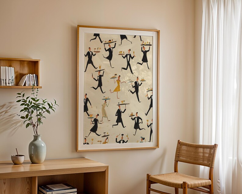 May include: A framed art print featuring a repeating pattern of stylized figures in black suits and dresses carrying trays. The artwork has a light background and is framed in a light wood. The print is displayed on a beige wall.