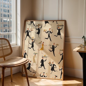 May include: A framed art print featuring a repeating pattern of stylized figures in black suits and dresses, each carrying trays with food and drinks. The artwork has a beige background and is leaning against a wall near a window and a wooden chair.