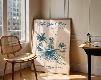 Golden Retriever Surf Club Art Print: Beach House Decor