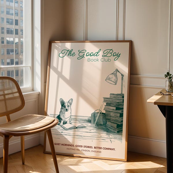 Corgi Book Club Print: Scandinavian Art, Dog Lover Gift