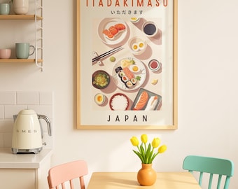Stampa artistica di cibo giapponese: sushi, arredamento per cucina con zuppa di miso