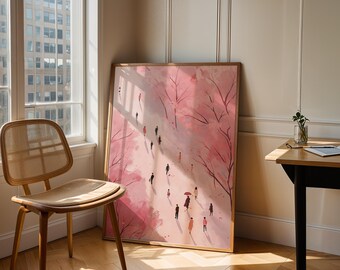 May include: A framed art print featuring a pink and white landscape with stylized trees and figures. The artwork leans against a wall next to a wooden chair and a window. The scene evokes a park or garden setting.