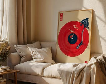 Japanese Vinyl Record Player Art Print: Koi Pond Retro Music Poster