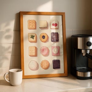 Biscuits Kitchen Art Print Biscuit Poster Custard Cream Bourbon Teacake Wafer Illustration Aesthetic Food Print Retro Kitchen Wall Art