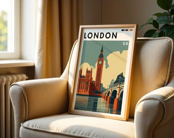 May include: A framed art print featuring a stylized illustration of London landmarks, including Big Ben and the Houses of Parliament. The print has a vintage aesthetic with a color palette of orange, teal, and beige. The word "LONDON" is printed at the top.