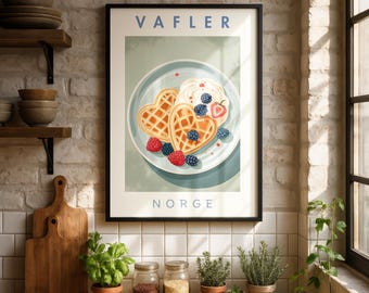 Waffle Dessert Print: Scandinavian Kitchen Poster, Oslo Travel Art