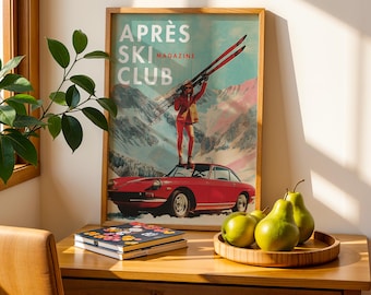 Retro Apres Ski Magazine Art Print: Vintage Car, Alpine Design