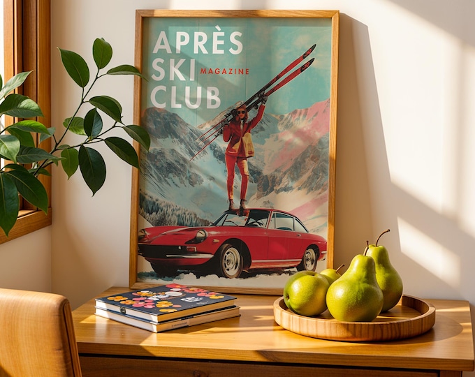 Retro Apres Ski Magazine Art Print: Vintage Car, Alpine Design