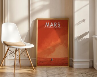 May include: A framed poster with the word "MARS" in white text, and the text "140 MILLION MILES FROM EARTH" below it. The poster has a red and orange background with a small figure in the distance. A white chair with wooden legs is in the foreground.