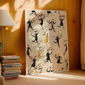 May include: A framed art print featuring a repeating pattern of stylized waiters in black suits and bow ties, carrying trays with food and drinks. The background is a cream color, and the frame is white. The artwork has a vintage, mid-century modern aesthetic.