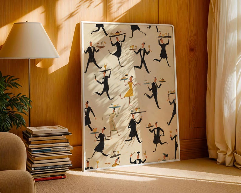 May include: A framed art print featuring a repeating pattern of stylized waiters in black suits and bow ties, carrying trays with food and drinks. The background is a cream color, and the frame is white. The artwork has a vintage, mid-century modern aesthetic.