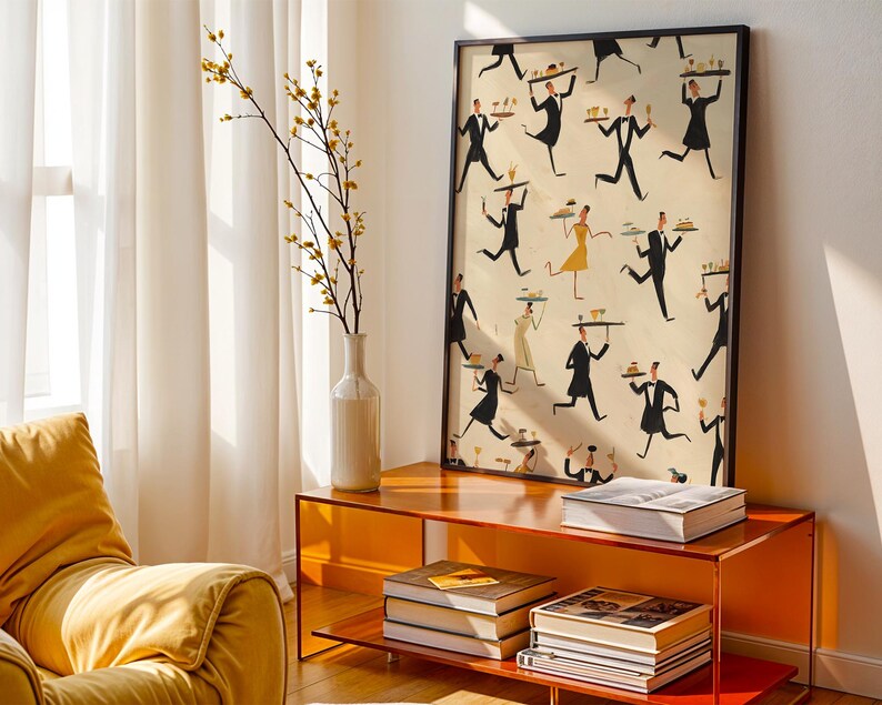 May include: A framed art print featuring a repeating pattern of waiters in black suits and bow ties carrying trays. The artwork has a vintage style with a cream-colored background. The print is displayed on an orange console table with books and a vase.