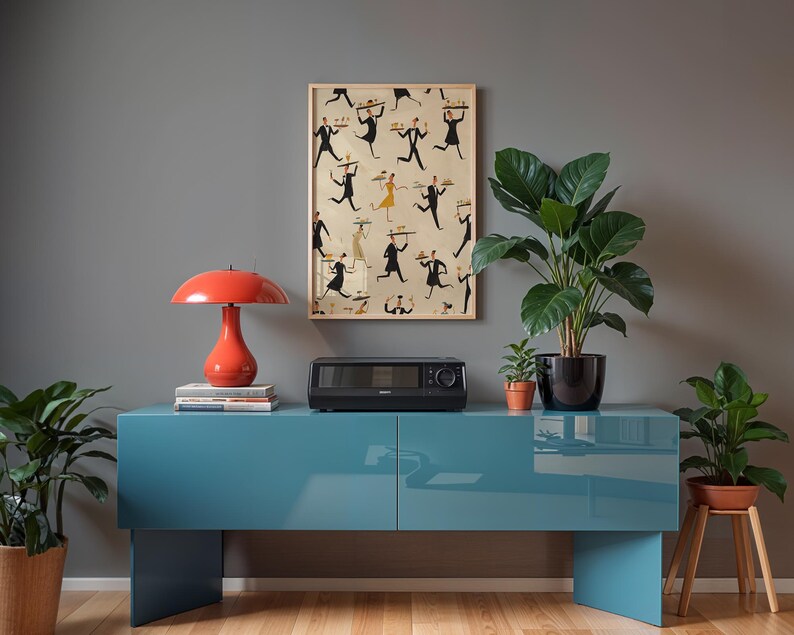 May include: A teal blue cabinet with a glossy finish, holding a black microwave and a red mushroom-shaped lamp. A framed print with figures carrying trays hangs above. Potted plants in various sizes and a wooden plant stand complete the scene.
