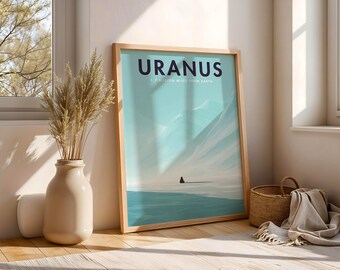 May include: A framed art print featuring the word "URANUS" in navy blue, with the text "1.7 BILLION MILES FROM EARTH" below. The artwork depicts a teal landscape with a solitary figure. The frame is light wood.