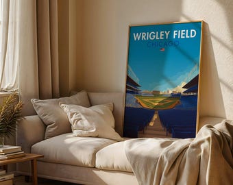 May include: A framed art print of Wrigley Field in Chicago. The print features a stylized illustration of the baseball stadium with a blue sky and seating areas. The text "WRIGLEY FIELD CHICAGO" is at the top.