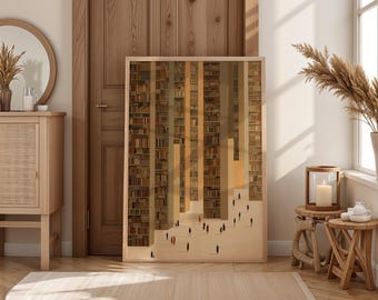 May include: A framed art print showing a surreal library scene. Vertical stacks of bookshelves create a maze-like structure. Small figures walk along pathways. The colour palette is warm, with browns, tans, and a touch of orange.
