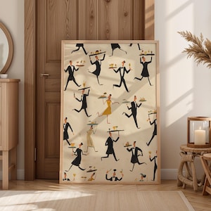 May include: A framed art print featuring a repeating pattern of stylized figures in black suits and dresses, carrying trays with food and drinks. The artwork has a vintage, mid-century modern aesthetic, with a cream-colored background and a wooden frame.
