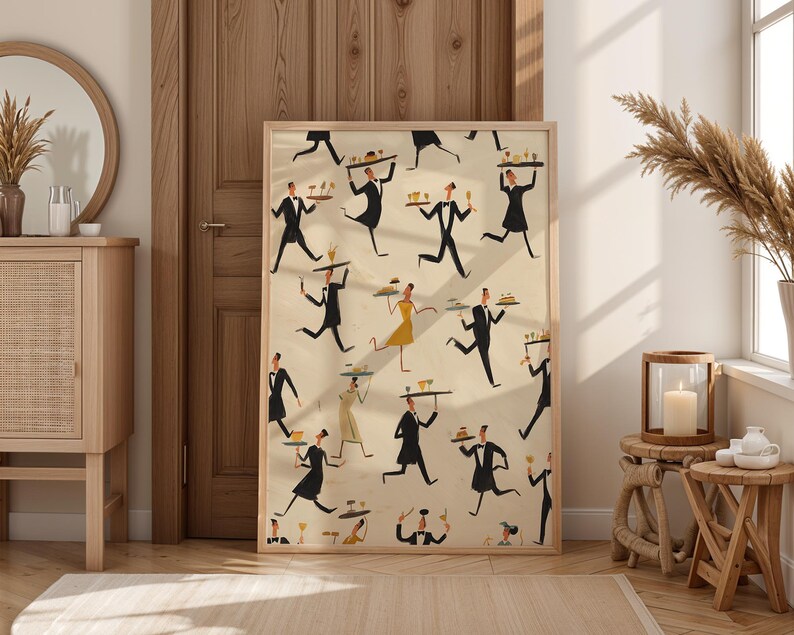 May include: A framed art print featuring a repeating pattern of stylized figures in black suits and dresses, carrying trays with food and drinks. The artwork has a vintage, mid-century modern aesthetic, with a cream-colored background and a wooden frame.