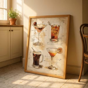 Vintage Bar Poster – Retro Cocktail Drink Art Print – Liquor Bar Wall Art – Alcohol Kitchen Decor – Bar Cart Drinks Watercolour Print