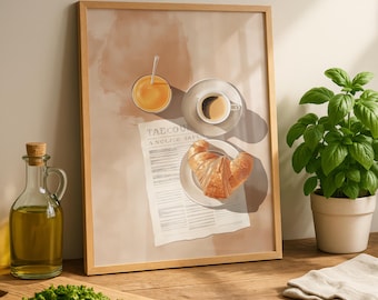 May include: A framed print depicts a breakfast scene with a croissant, coffee, and juice. A newspaper with the text "TAECOU" is visible. A glass bottle of oil and a cutting board with herbs are in the foreground.