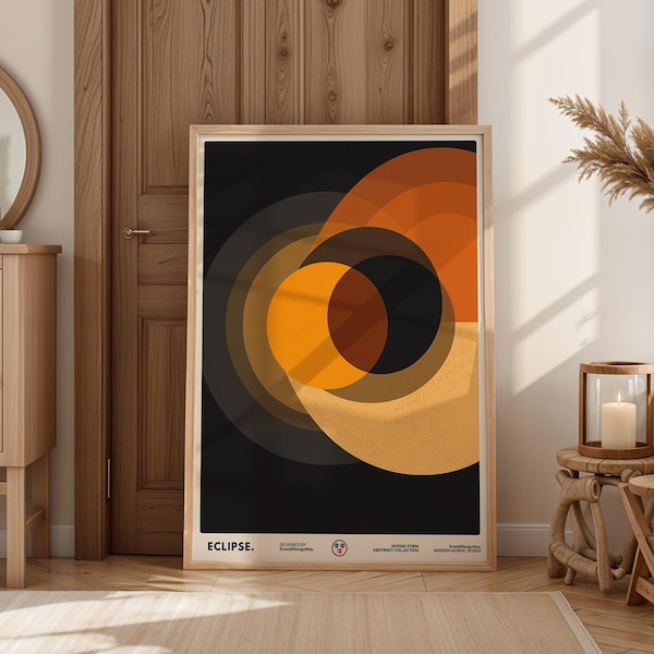 Eclipse Japandi Poster: Abstract Art Prints Circle Set, Navy Brown Bauhaus Print