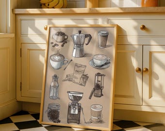 May include: A framed print featuring various coffee-related illustrations. The artwork includes images of coffee cups, a moka pot, a coffee grinder, and coffee beans. The color palette is primarily neutral, with shades of brown and beige.