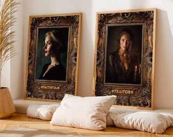 May include: Two framed portraits with ornate gold frames. One portrait features a woman with red lipstick, the word "FAITHFUL" below. The other portrait shows a woman with candles, the word "TRAITOR" below.