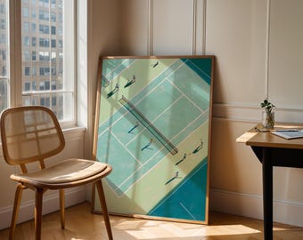Retro Tennis Court Art Poster: Scandinavian Design, Tiny People Print