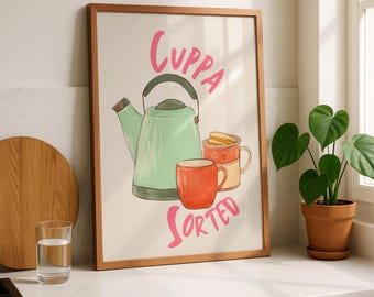 Cuppa Sorted Print: Retro Tea & Coffee Poster, Kitchen Wall Art