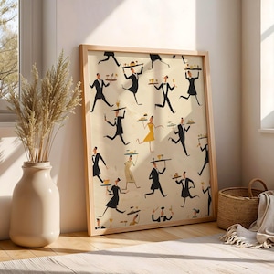 May include: A framed art print featuring a repeating pattern of stylized figures in black suits and dresses, carrying trays. The artwork has a light beige background and is set in a light wood frame. The print is leaning against a wall near a window.